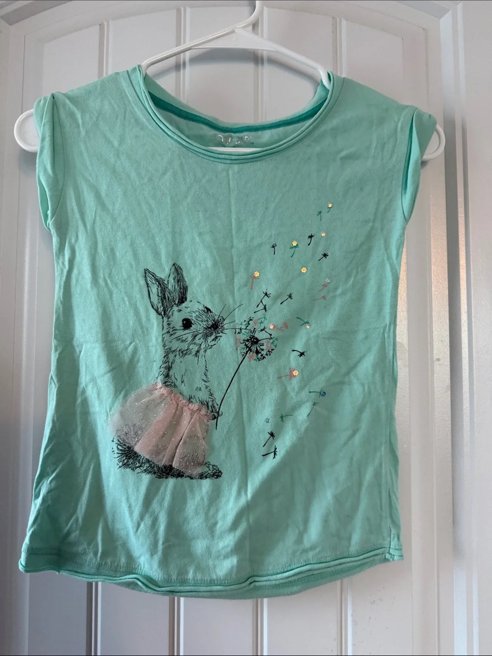 Gently worn Cherokee Mint Bunny Graphic Tee with Navy Floral Skirt Set